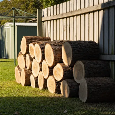 Logs cut and stacked for firewood, Geelong